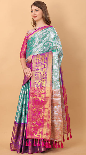 Vestigial Firozi Kanjivaram Silk Saree With Lassitude Blouse Piece