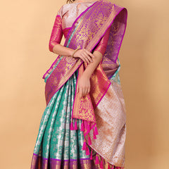 Vestigial Firozi Kanjivaram Silk Saree With Lassitude Blouse Piece
