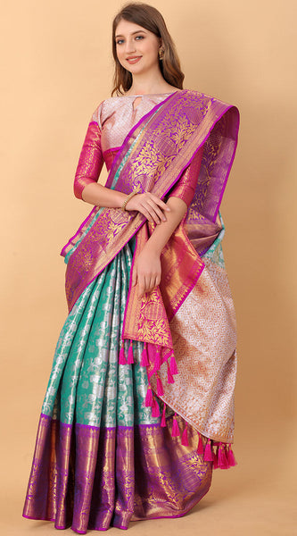 Vestigial Firozi Kanjivaram Silk Saree With Lassitude Blouse Piece