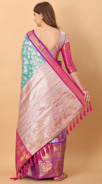Vestigial Firozi Kanjivaram Silk Saree With Lassitude Blouse Piece