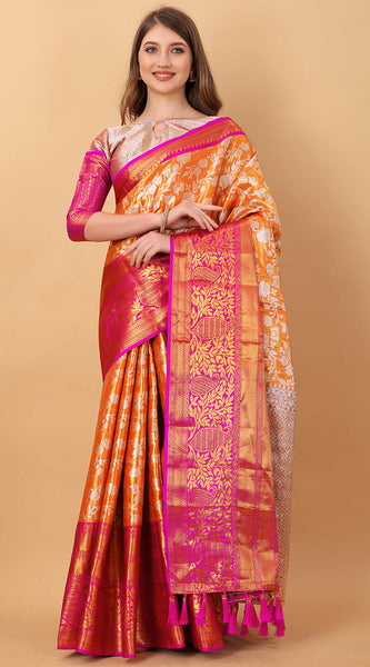 Effervescent Orange Kanjivaram Silk Saree With Redolent Blouse Piece