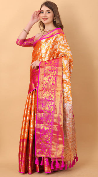 Effervescent Orange Kanjivaram Silk Saree With Redolent Blouse Piece
