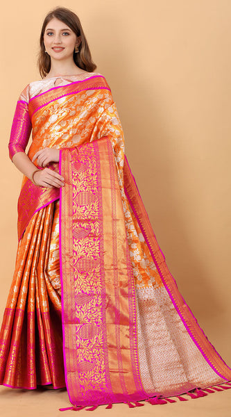 Effervescent Orange Kanjivaram Silk Saree With Redolent Blouse Piece
