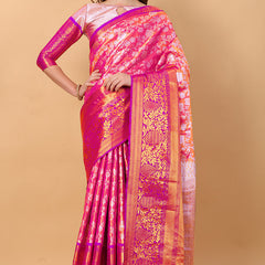 Pleasurable Pink Kanjivaram Silk Saree With Luxuriant Blouse Piece
