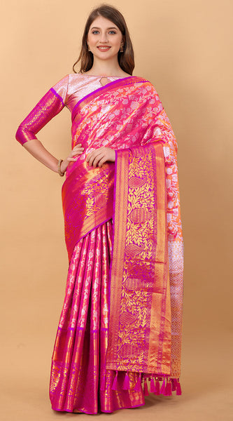 Pleasurable Pink Kanjivaram Silk Saree With Luxuriant Blouse Piece