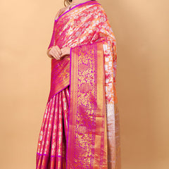 Pleasurable Pink Kanjivaram Silk Saree With Luxuriant Blouse Piece