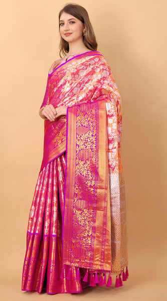 Pleasurable Pink Kanjivaram Silk Saree With Luxuriant Blouse Piece