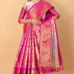 Pleasurable Pink Kanjivaram Silk Saree With Luxuriant Blouse Piece