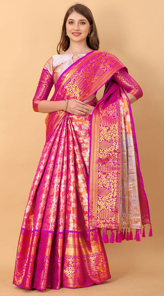 Pleasurable Pink Kanjivaram Silk Saree With Luxuriant Blouse Piece