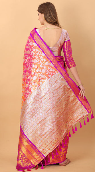 Pleasurable Pink Kanjivaram Silk Saree With Luxuriant Blouse Piece