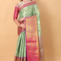 Unequalled Pista Kanjivaram Silk Saree With Scintillating Blouse Piece