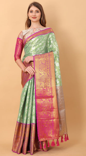 Unequalled Pista Kanjivaram Silk Saree With Scintillating Blouse Piece