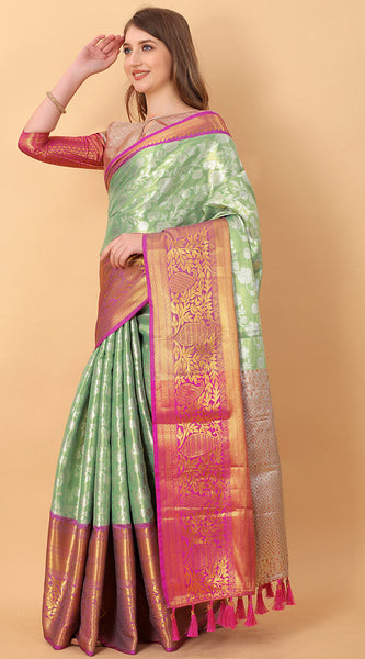 Unequalled Pista Kanjivaram Silk Saree With Scintillating Blouse Piece