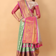Unequalled Pista Kanjivaram Silk Saree With Scintillating Blouse Piece