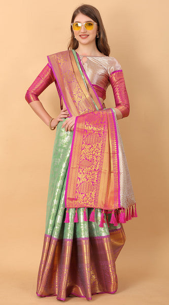 Unequalled Pista Kanjivaram Silk Saree With Scintillating Blouse Piece