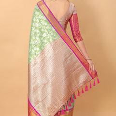 Unequalled Pista Kanjivaram Silk Saree With Scintillating Blouse Piece