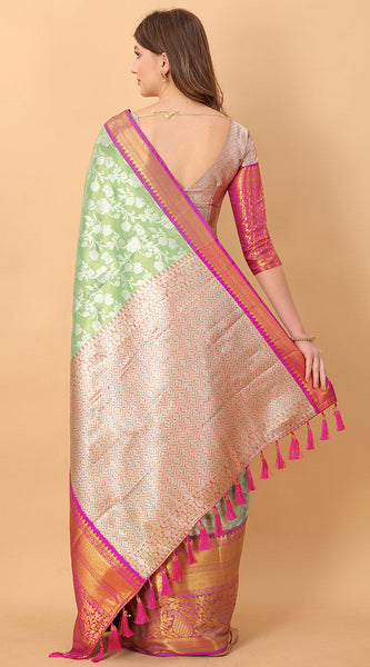 Unequalled Pista Kanjivaram Silk Saree With Scintillating Blouse Piece