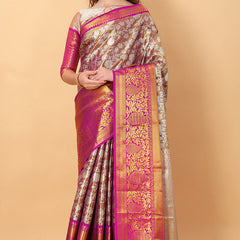 Zephyr Wine Kanjivaram Silk Saree With Ethereal Blouse Piece