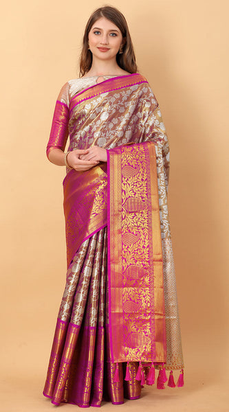 Zephyr Wine Kanjivaram Silk Saree With Ethereal Blouse Piece