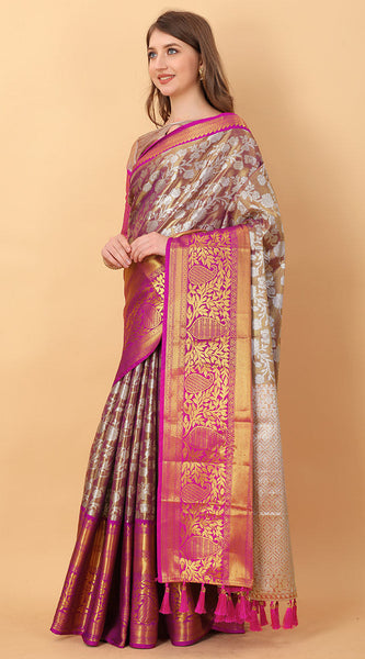 Zephyr Wine Kanjivaram Silk Saree With Ethereal Blouse Piece
