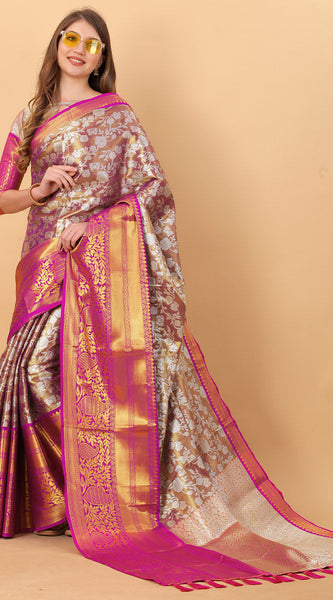 Zephyr Wine Kanjivaram Silk Saree With Ethereal Blouse Piece
