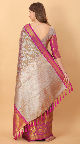 Zephyr Wine Kanjivaram Silk Saree With Ethereal Blouse Piece