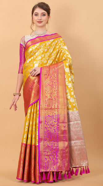 Grandiose Yellow Kanjivaram Silk Saree With Rhapsodic Blouse Piece