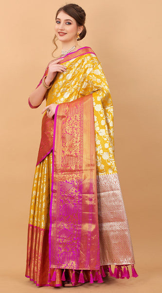 Grandiose Yellow Kanjivaram Silk Saree With Rhapsodic Blouse Piece