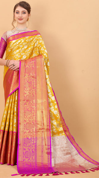 Grandiose Yellow Kanjivaram Silk Saree With Rhapsodic Blouse Piece
