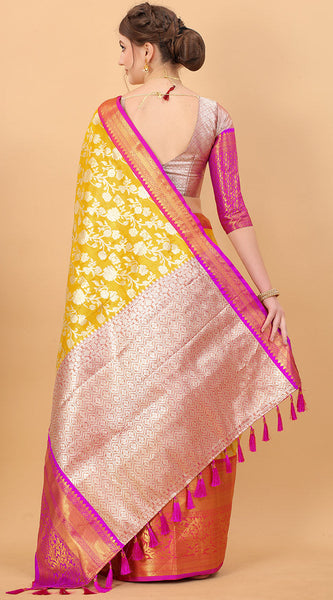 Grandiose Yellow Kanjivaram Silk Saree With Rhapsodic Blouse Piece