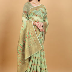 Prominent Green Linen Silk With Stylish Blouse Piece