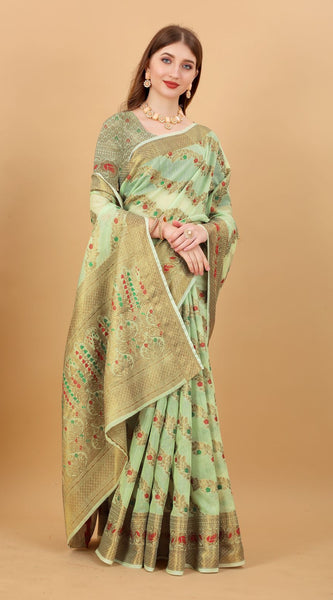 Prominent Green Linen Silk With Stylish Blouse Piece
