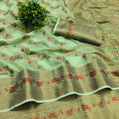 Prominent Green Linen Silk With Stylish Blouse Piece