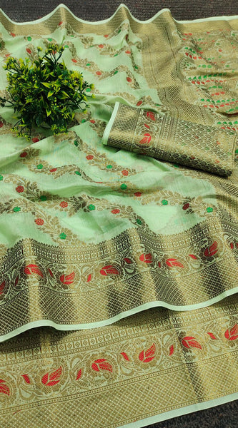 Prominent Green Linen Silk With Stylish Blouse Piece