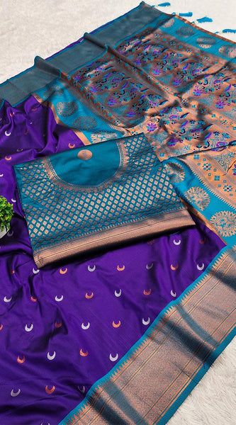 Scrumptious Royal Blue Paithani Silk Saree With Magnificat Blouse Piece