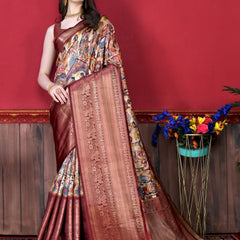 Glowing Beige Kalamkari Printed Saree With Refreshing Blouse Piece