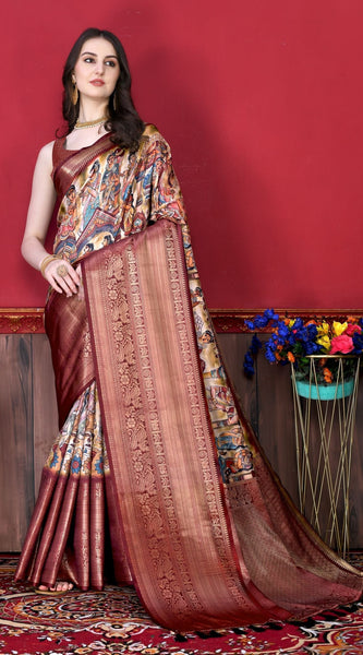 Glowing Beige Kalamkari Printed Saree With Refreshing Blouse Piece