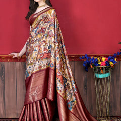 Glowing Beige Kalamkari Printed Saree With Refreshing Blouse Piece