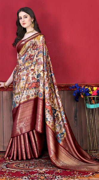 Glowing Beige Kalamkari Printed Saree With Refreshing Blouse Piece