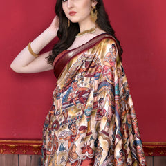 Glowing Beige Kalamkari Printed Saree With Refreshing Blouse Piece