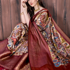 Glowing Beige Kalamkari Printed Saree With Refreshing Blouse Piece