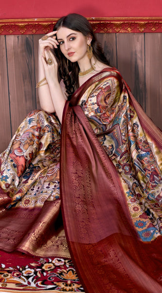 Glowing Beige Kalamkari Printed Saree With Refreshing Blouse Piece