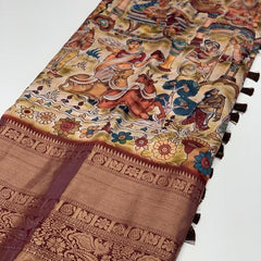 Glowing Beige Kalamkari Printed Saree With Refreshing Blouse Piece