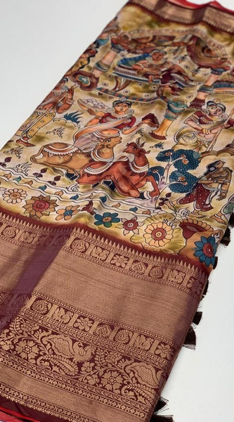 Glowing Beige Kalamkari Printed Saree With Refreshing Blouse Piece