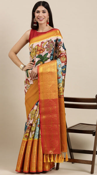 Arresting Beige Kalamkari Printed Saree With Impressive Blouse Piece