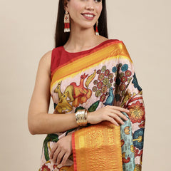 Arresting Beige Kalamkari Printed Saree With Impressive Blouse Piece