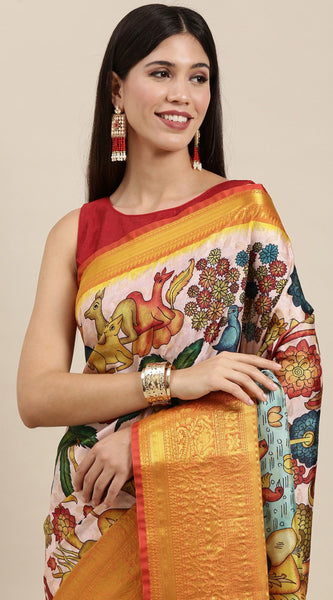 Arresting Beige Kalamkari Printed Saree With Impressive Blouse Piece