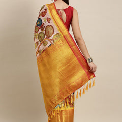 Arresting Beige Kalamkari Printed Saree With Impressive Blouse Piece
