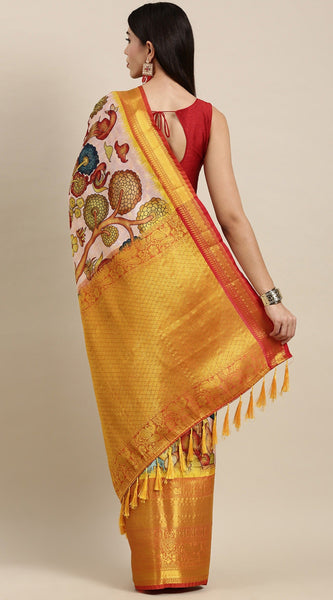 Arresting Beige Kalamkari Printed Saree With Impressive Blouse Piece