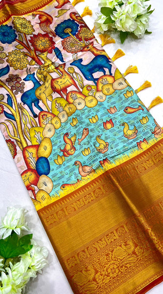 Arresting Beige Kalamkari Printed Saree With Impressive Blouse Piece